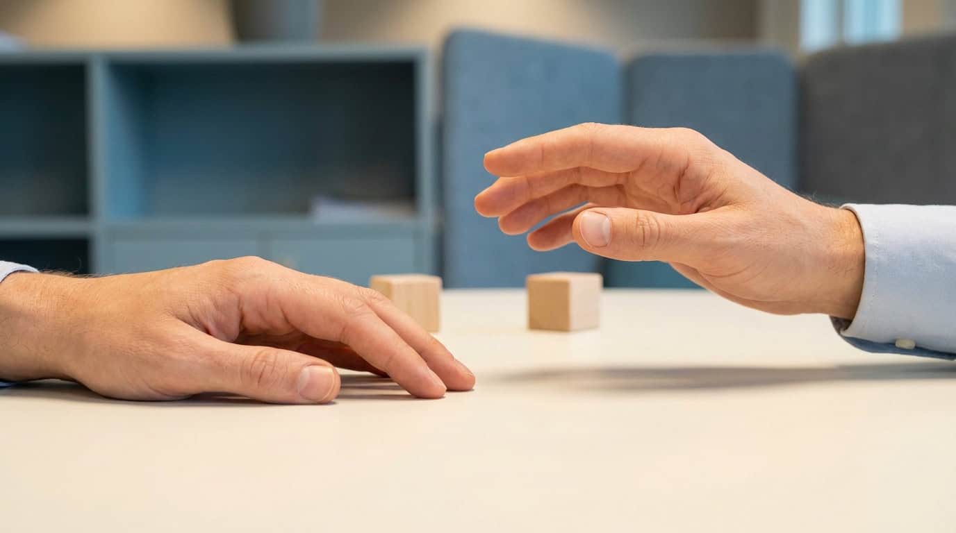 Opérer les deux mains : choix stratégique Deux mains posées sur une table de bureau, illustrant le choix entre une action simultanée ou séparée.