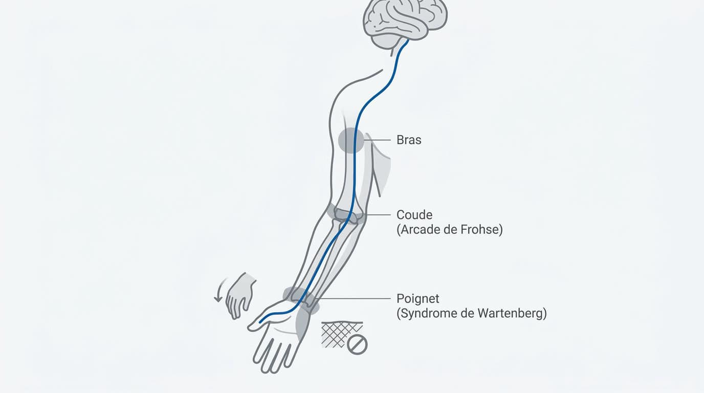 Schéma anatomique des zones de compression du nerf radial au membre supérieur
