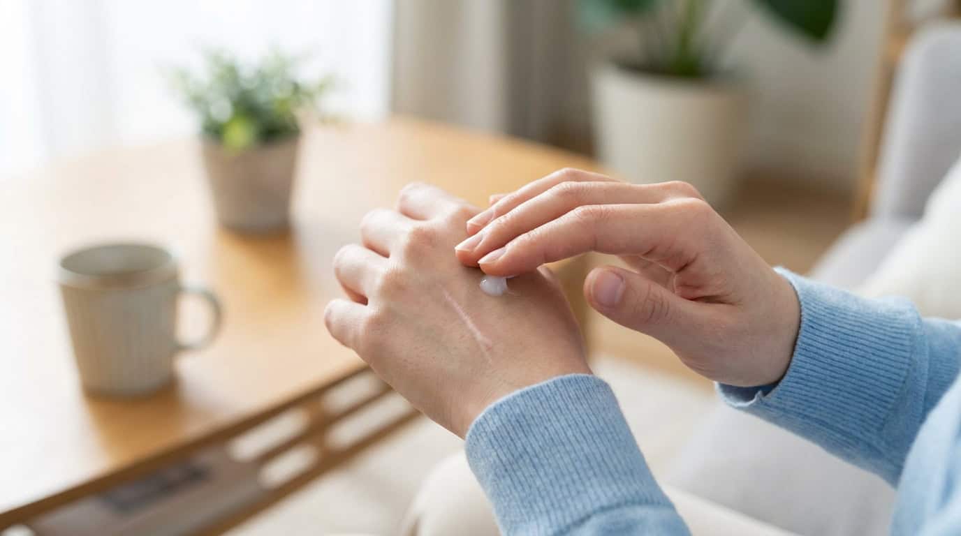 Gros plan sur une personne appliquant une crème cicatrisante sur une cicatrice présente sur le dessus de sa main.