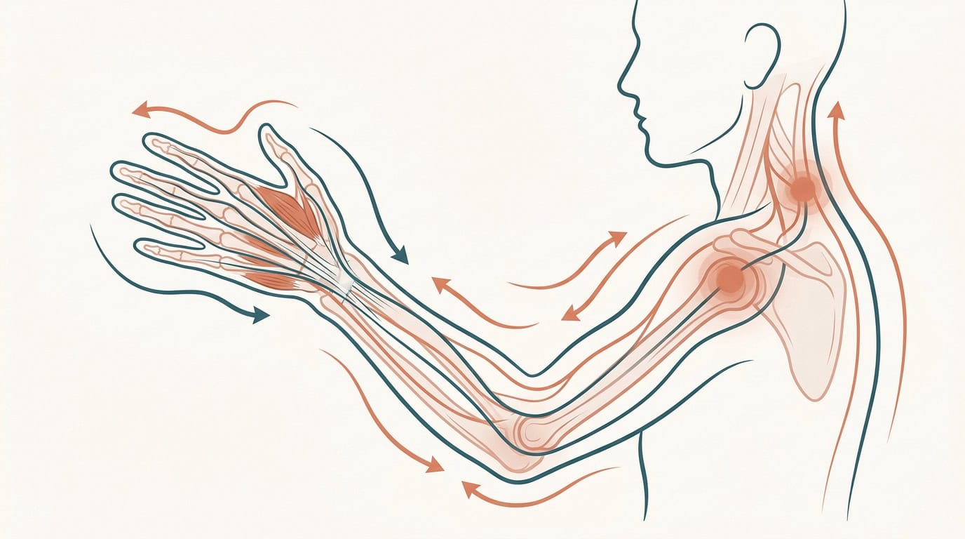 Schéma illustrant le trajet d'une douleur irradiante de la main vers l'épaule en passant par le coude