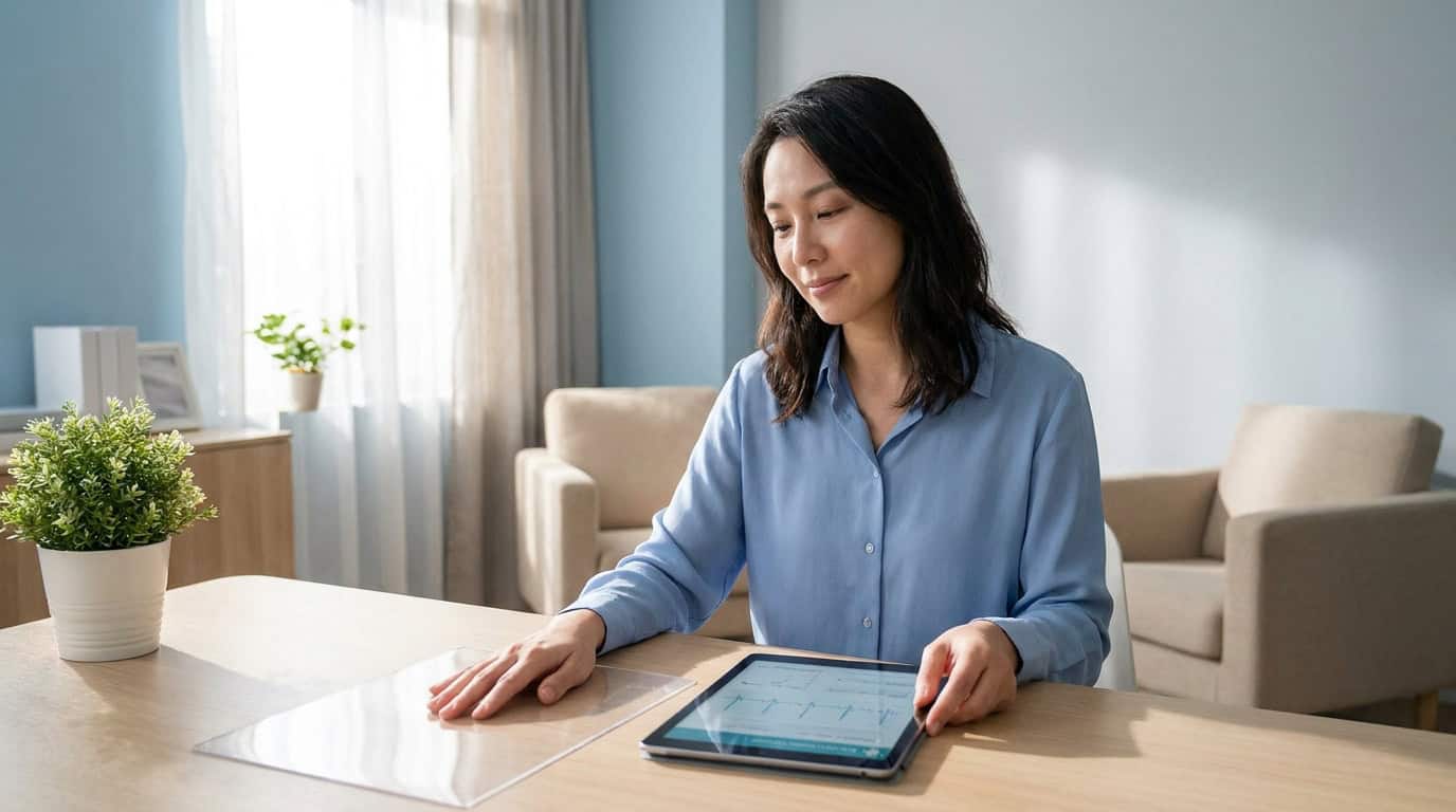 Deuxième avis médical pour la chirurgie de la main Une femme examine une tablette numérique et une feuille transparente pour un avis médical sur la chirurgie de la main.