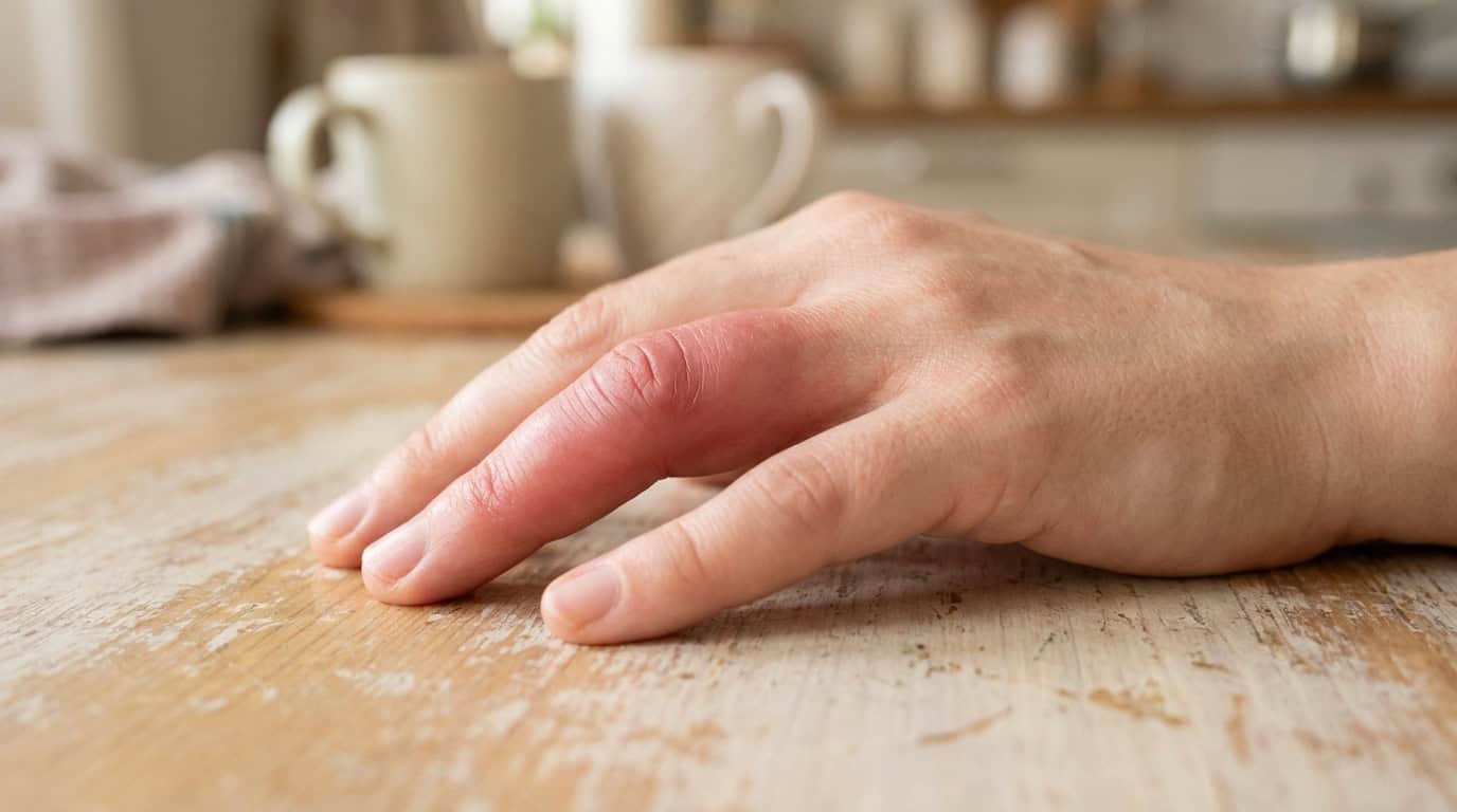 Une main posée sur une table en bois avec un doigt enflé, rouge et douloureux.