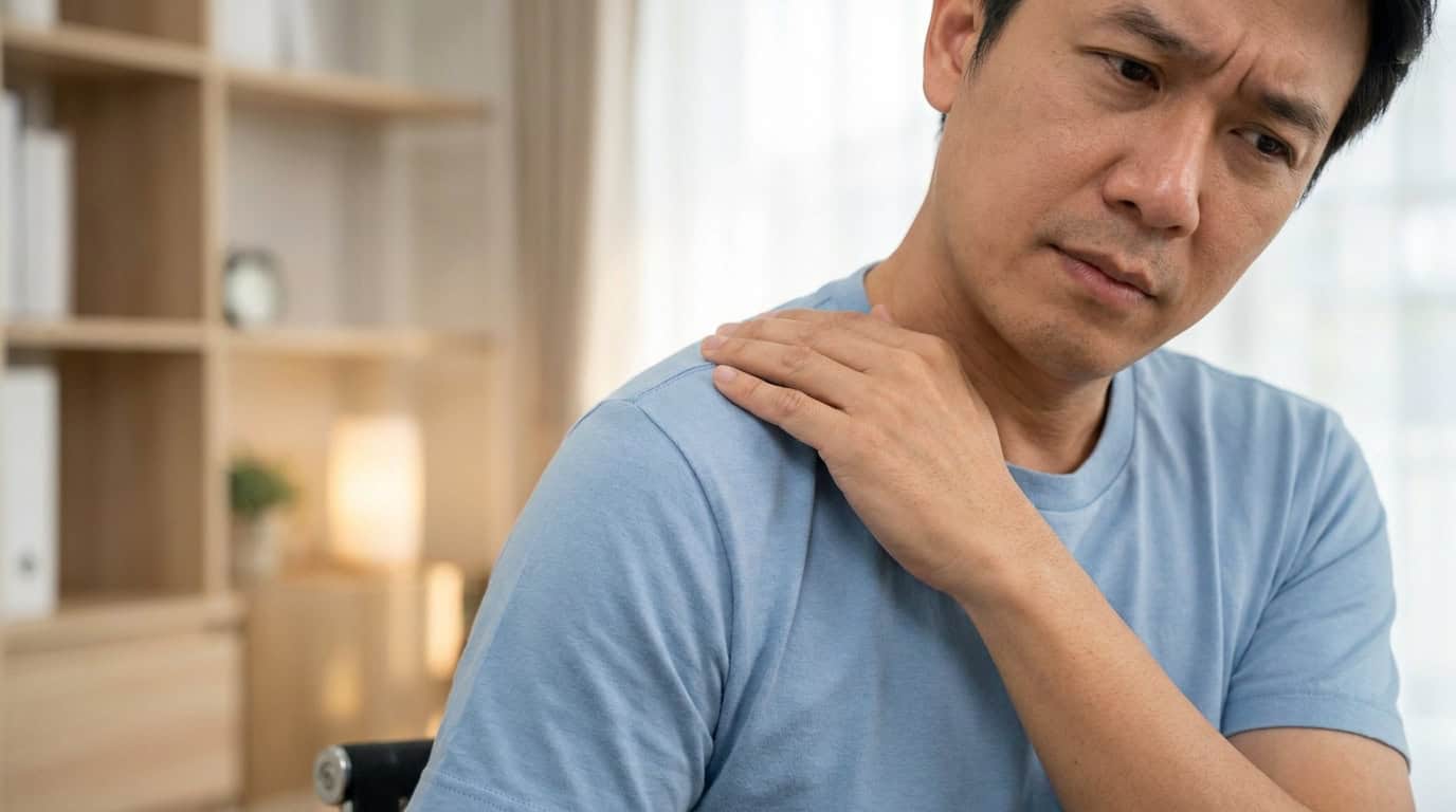 Un homme asiatique d'âge moyen porte la main à son épaule avec une expression de douleur.