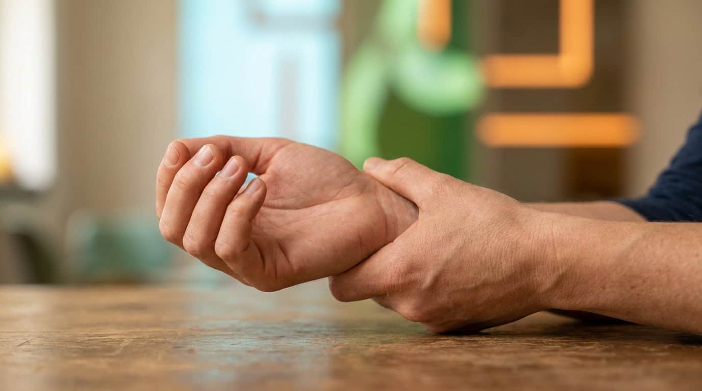Une personne se tenant le poignet, illustrant une douleur à la main ou au poignet.
