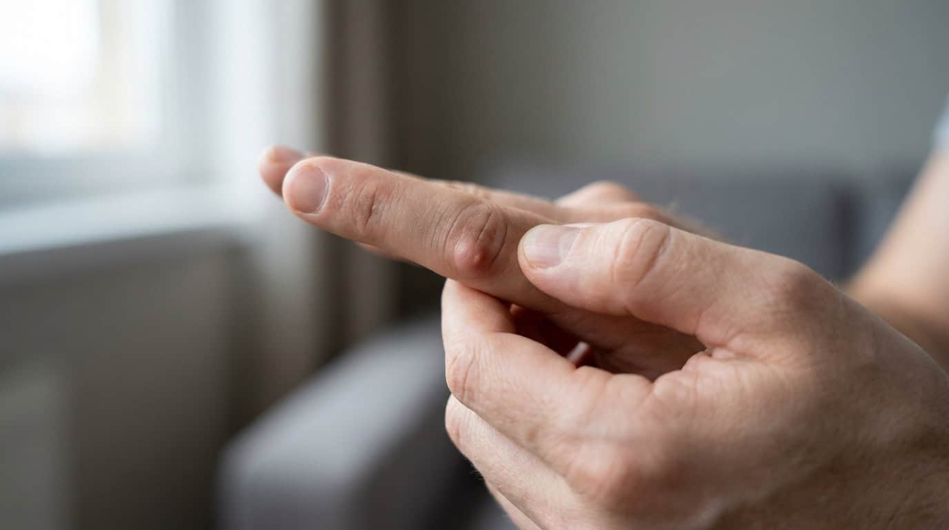 Gros plan sur un doigt humain présentant une petite bosse dure ou une excroissance cutanée.