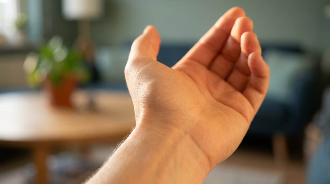 Une main humaine ouverte montrant une légère excroissance ou boule à la base du pouce sur un fond flou.