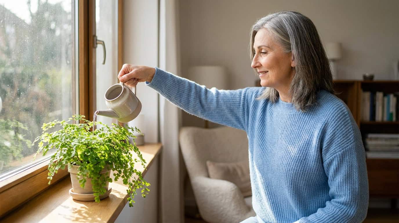 Une femme aux cheveux gris arrose une plante sur le rebord d'une fenêtre dans une pièce lumineuse.