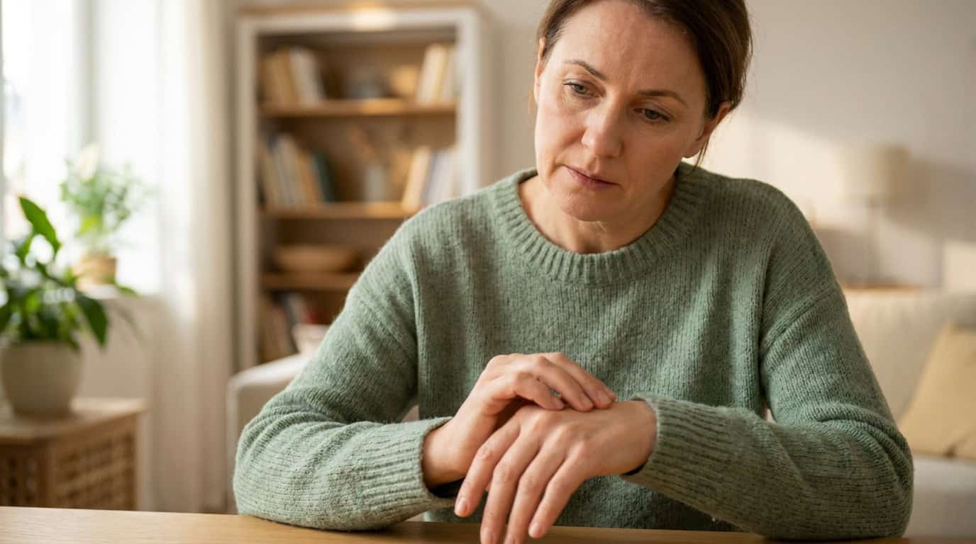 Une femme préoccupée regarde sa main, évoquant un engourdissement ou des fourmillements liés à un problème de santé.