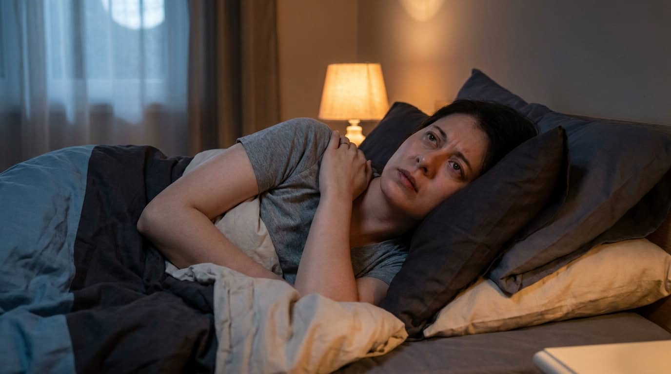Une femme allongée dans son lit avec une expression douloureuse, tenant son épaule.