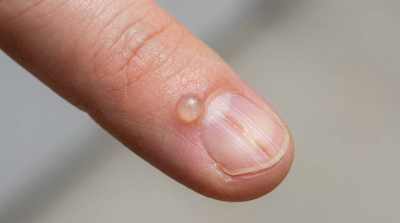 Gros plan sur un kyste mucoïde translucide situé près de la matrice de l'ongle d'un doigt, provoquant une déformation.
