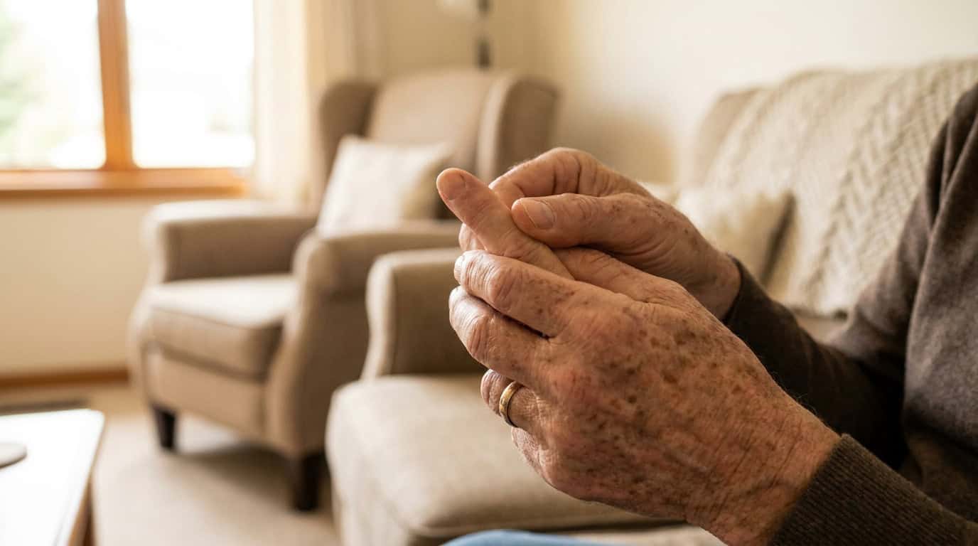 Mains d'une personne âgée se frottant les doigts, assise dans un salon confortable.
