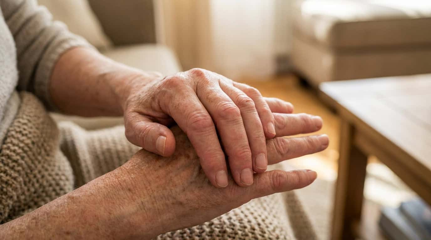 Polyarthrite et douleurs aux mains Gros plan sur les mains d'une personne âgée posées l'une sur l'autre, évoquant la polyarthrite.