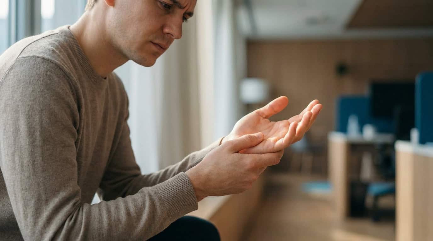 Un homme en pull beige regarde sa main avec une expression de douleur, suspectant un syndrome du canal carpien.
