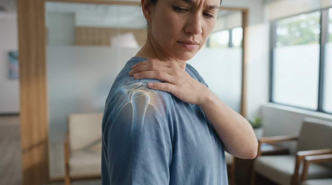 Lésion SLAP ou tendinite : comprendre la douleur à l’épaule Une femme se tenant l'épaule avec une illustration anatomique en surimpression montrant l'articulation de l'épaule.