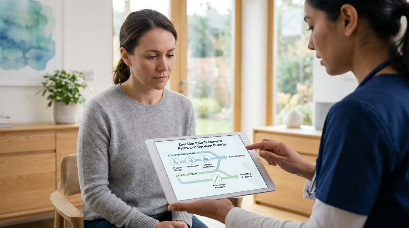 Une médecin montre sur une tablette le parcours de soins pour une épaule douloureuse à une patiente attentive.
