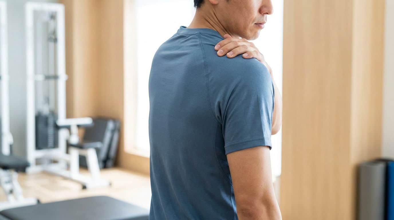 Un homme en t-shirt bleu se tient l'épaule douloureuse dans une salle de sport, exprimant un inconfort physique.