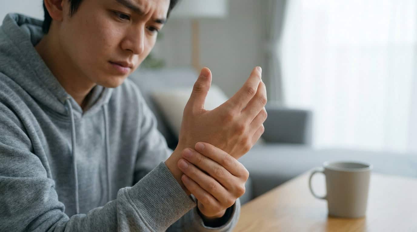 Jeune homme portant un sweat-shirt gris se tenant le poignet avec une expression préoccupée.