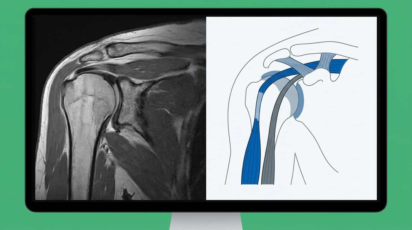 Coupe IRM de l'épaule à côté d'un schéma des tendons de la coiffe des rotateurs