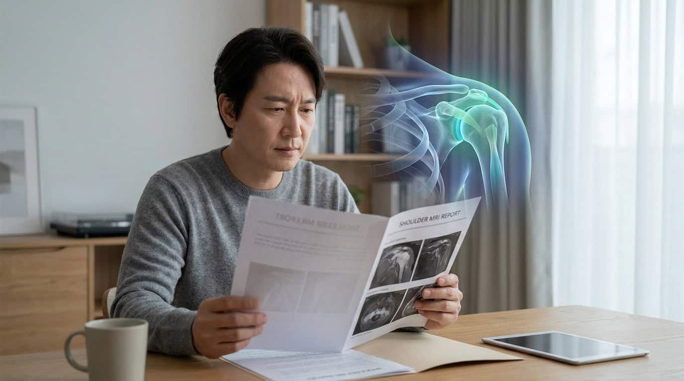 Comprendre un compte rendu d’IRM de l’épaule Un homme examine un rapport médical d'IRM de l'épaule avec une projection holographique 3D de l'articulation.