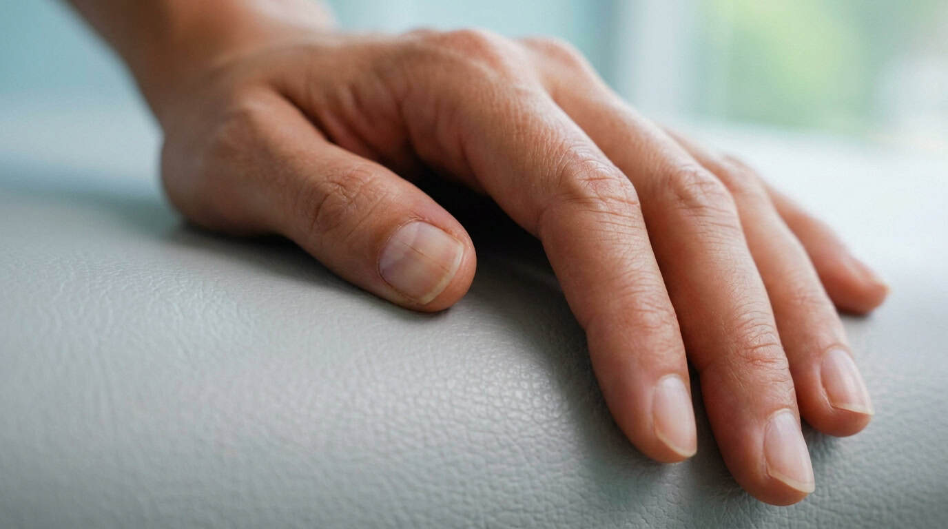 Main posée sur un support en cuir, mettant en évidence une ligne sombre et verticale sur l'ongle du pouce.
